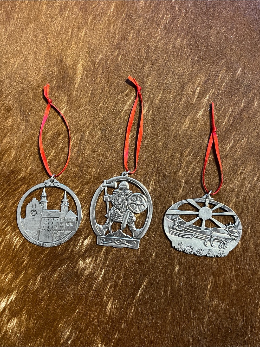 Set of 3 Norwegian Pewter Holiday Ornaments - Made in Norway